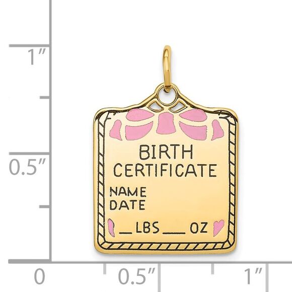 14k Yellow Gold & Pink Enamel Birth Certificate Charm or Pendant, 18mm - Picture 4 of 5